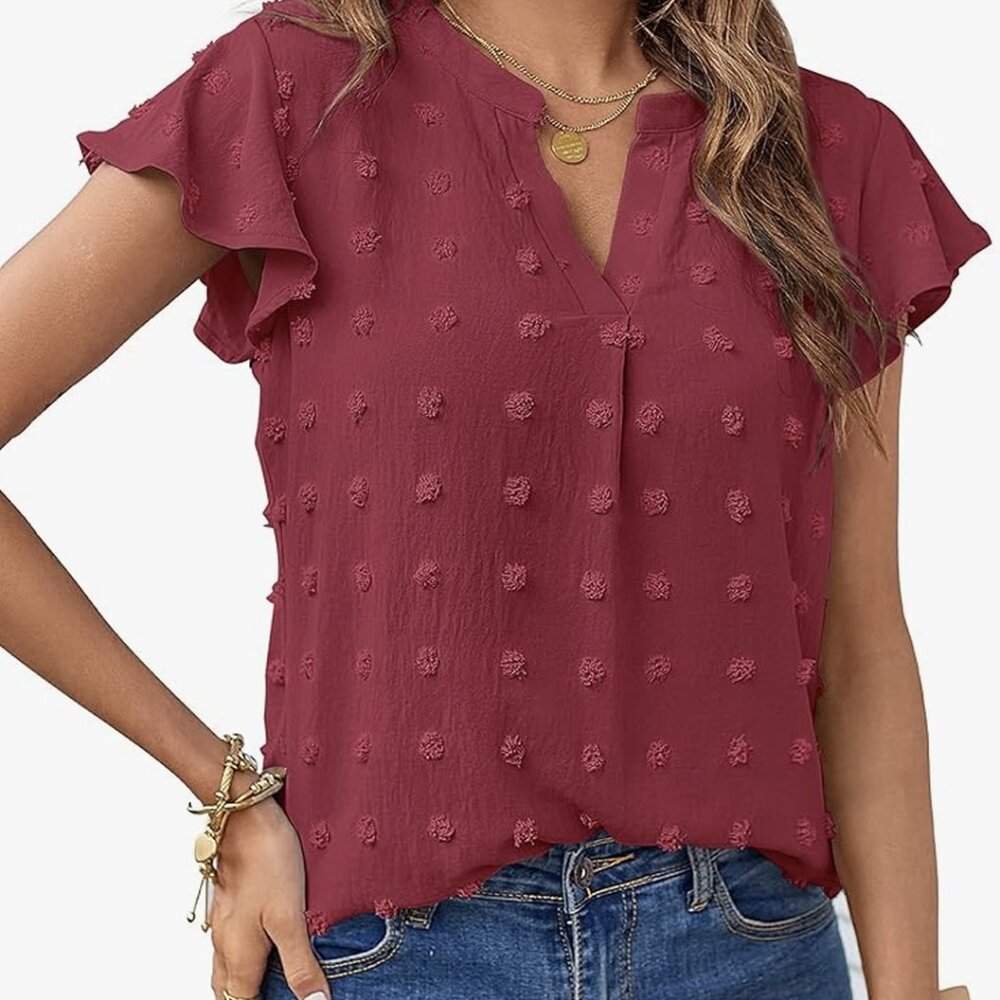 MEROKEETY Swiss Dot V-Neck Ruffle Sleeve Blouse, Size L